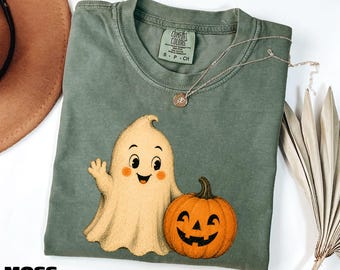 T-shirt fantôme et citrouille, T-shirt graphique rétro Halloween, Sweat-shirt saison frissonnante, T-shirt automne, T-shirt Comfort Colors
