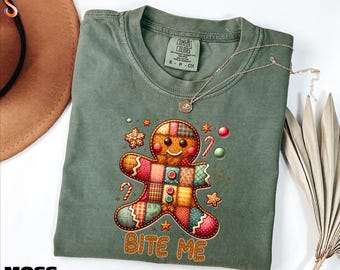 Bite Me Gingerbread Man Shirt, Christmas Gingerbread Man Tee, Christmas Sweatshirt, Gingerbread Man Sweater, Comfort Colors T-Shirt
