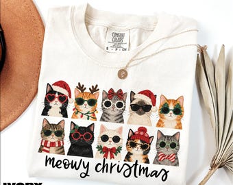 T-shirt de Noël Miaou, T-shirt graphique chat rigolo pour les fêtes, Pull de Noël, Cadeau pour les amoureux des chats, T-shirt Comfort Colors