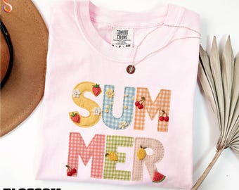 Summer Shirt, Faux Patchwork Summer Vibes Tee, Beach Trip T-Shirt, Vacation Sweatshirt, Gift for Her, Comfort Colors T-Shirt