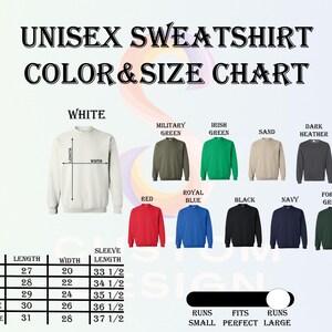 unisex sweatshirt color and size chart
