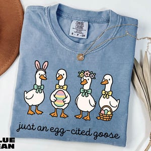 A blue t-shirt with a cartoon illustration of four cartoon ducks wearing Easter-themed accessories, accompanied by the text "Just an egg-cited goose".