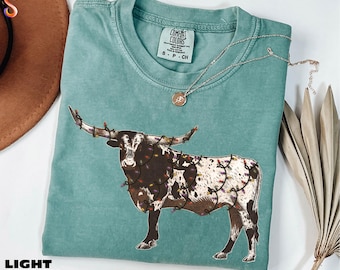 Chemise de Noël western, t-shirt lumière de Noël longhorn, pull de Noël du sud, sweat country, t-shirt couleurs confort