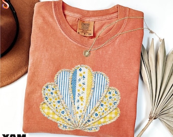 Faux Patchwork Seashell Shirt, Beach Trip Tee, Ocean T-Shirt, Summer Vibes T-Shirt, Vacation Sweatshirt, Comfort Colors T-Shirt