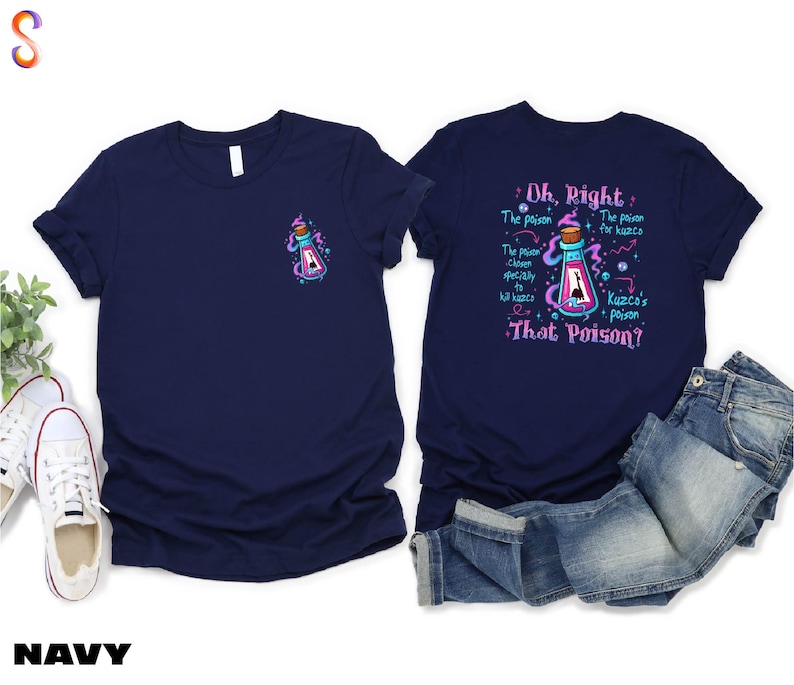 Navy blue t-shirt with a graphic design and text on the back, along with a pair of jeans and sneakers.