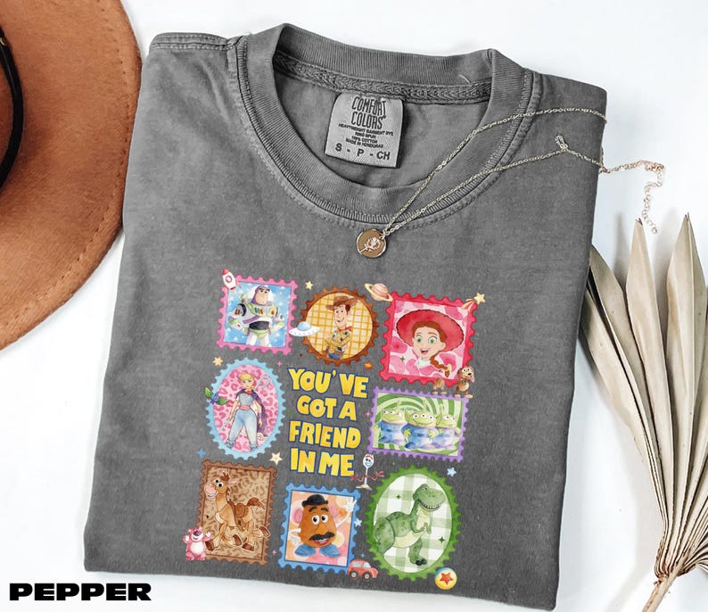 A gray t-shirt with a colorful graphic design featuring characters from the Toy Story movie, along with the text "You've Got a Friend in Me".