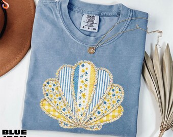 Faux Patchwork Seashell Shirt, Ocean Aesthetic Tee, Summer Vibes T-Shirt, Vacation Sweatshirt, Comfort Colors T-Shirt
