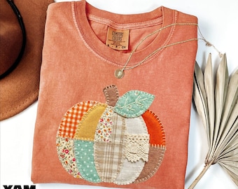 Faux Patchwork Pumpkin Shirt, Fall Pumpkin Tee, Fall Season Sweater, Thanksgiving Sweatshirt, Cozy Sweater, Comfort Colors T-Shirt
