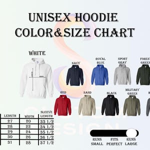 K&ouml;nnte beinhalten: Eine Farb- und Gr&ouml;&szlig;entabelle f&uuml;r Unisex-Hoodies. Die Tabelle zeigt Hoodies in verschiedenen Farben, darunter Wei&szlig;, Marineblau, Rot, Sand, Schwarz und Gr&uuml;n. Die Ma&szlig;e sind in Zoll f&uuml;r L&auml;nge, Breite und &Auml;rmell&auml;nge angegeben, mit Gr&ouml;&szlig;en von Small bis 2X-Large.