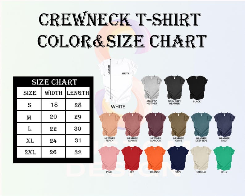 the crew neck t - shirt color and size chart