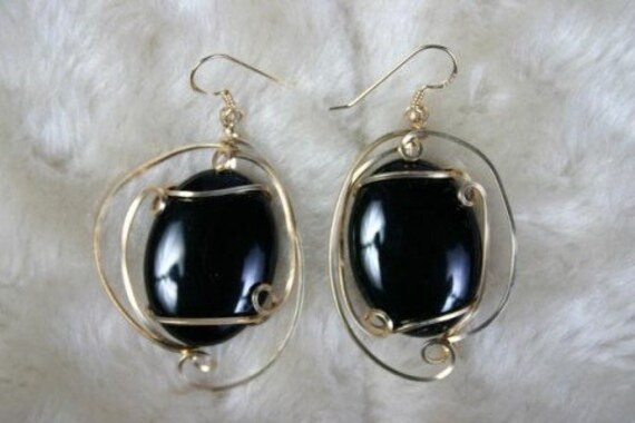 Wire Wrapped Dangle Earrings Black Onyx Black Sass  Cabs  SS