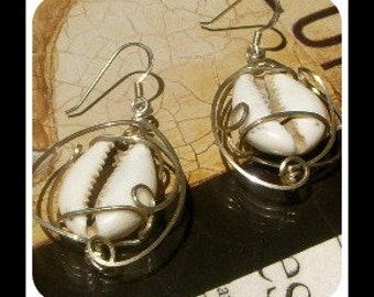 Cowrie Shell Wire Wrapped Earrings in Sterling Silver