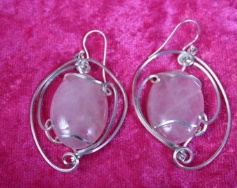 Wire Wrapped Rose Quartz Earrings in SS