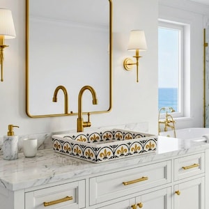 Handmade Gold & Black Ceramic Sink - Rectangular Vessel Basin - Hand Painted Moroccan Vanity Sink - Luxury Bathroom Art - Art Deco Basin