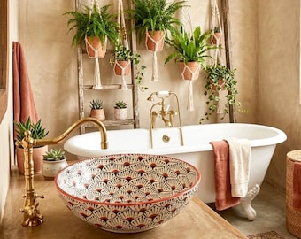 Handmade Moroccan Ceramic Vessel Sink - Round Bathroom red Basin, Countertop Boho Decor, Hand-painted Peacock Washbasin, Custom Vanity Sink