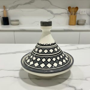 Handmade Moroccan tagine - a white and gray ceramic cooking pot - traditional design with diamond patterns - kitchen and table decor