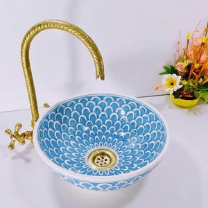 Artisan Sky Blue Ceramic Washbasin - Moroccan Pottery Vessel Sink - Custom Hand-painted Bathroom Decor - Unique Blue Fish Scale Basin