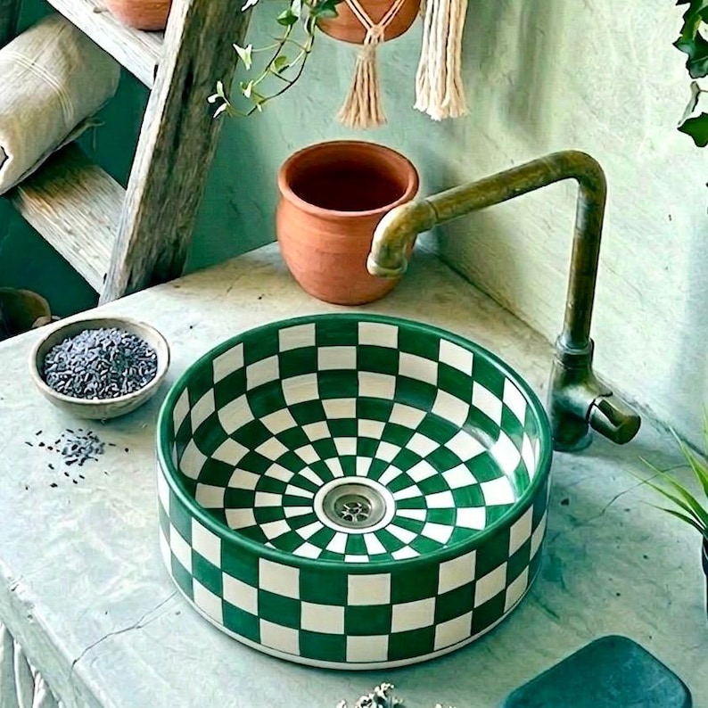Terracotta Checkered Ceramic Vessel Sink, Handmade Orange Bathroom Basin, Boho Moroccan Vanity Bowl, Rustic Decor, FREE Global Shipping image 6