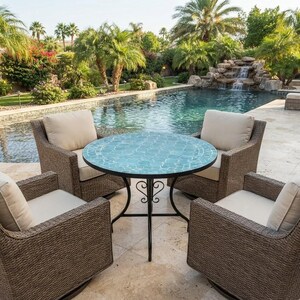 Artisanahand Mosaic Bistro Set, Turquoise Round Side Table with Hand-painted Cups, Mediterranean Patio Furniture, Unique Boho Garden Table