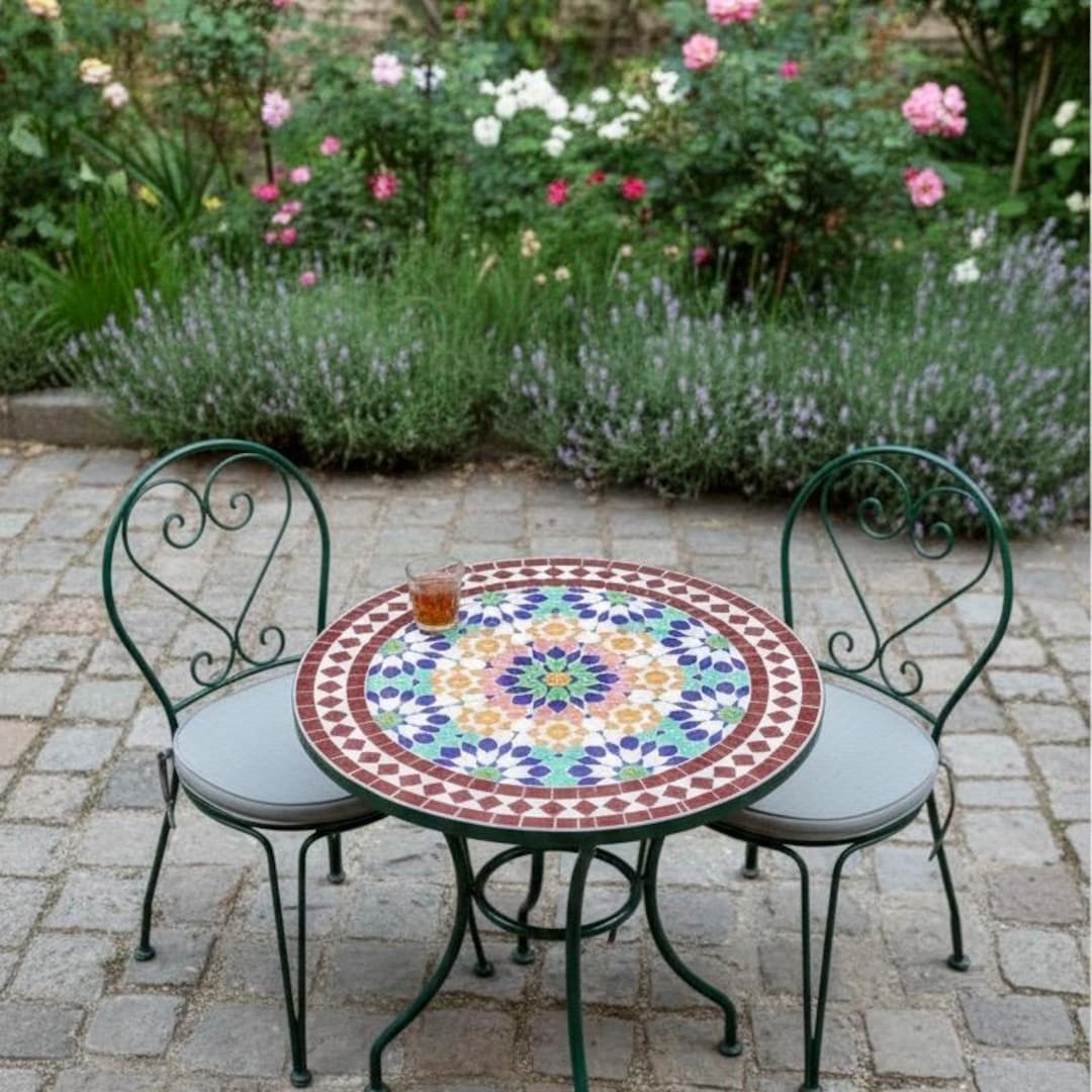 Multi Colored Tile Table Intricate Multicolored Moroccan Mosaic Table - Red Border Zellige Patio ...