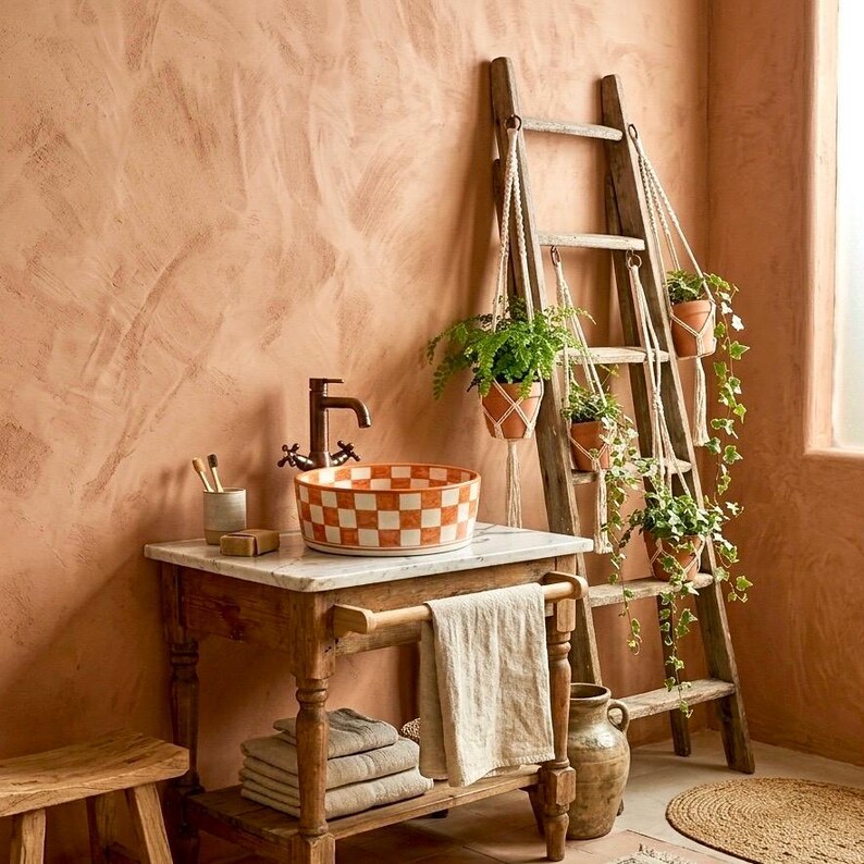 Terracotta Checkered Ceramic Vessel Sink, Handmade Orange Bathroom Basin, Boho Moroccan Vanity Bowl, Rustic Decor, FREE Global Shipping image 4