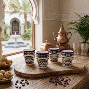 May include: Four ceramic tea glasses featuring a hand-painted geometric pattern in blue, yellow, green, and red. The glasses are arranged on a wooden board alongside a copper teapot, a lidded copper container, and several clear drinking glasses.