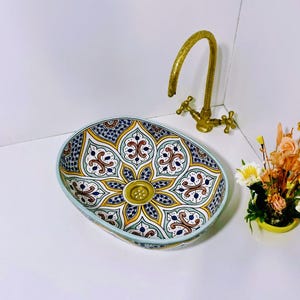 Handmade Moroccan Ceramic Sink - Oval Painted Vessel Basin for Bathroom - Colorful Talavera Style Vanity Sink - Fes Pottery Art Handcrafted