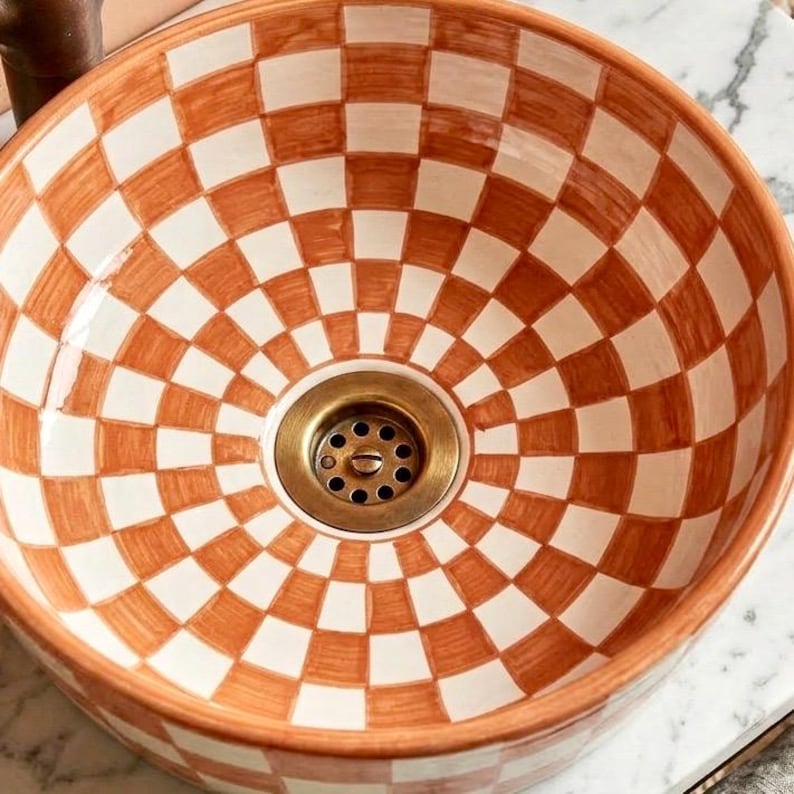 Terracotta Checkered Ceramic Vessel Sink, Handmade Orange Bathroom Basin, Boho Moroccan Vanity Bowl, Rustic Decor, FREE Global Shipping image 2