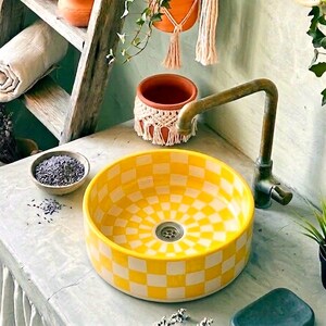 Terracotta Checkered Ceramic Vessel Sink, Handmade Orange Bathroom Basin, Boho Moroccan Vanity Bowl, Rustic Decor, FREE Global Shipping image 11