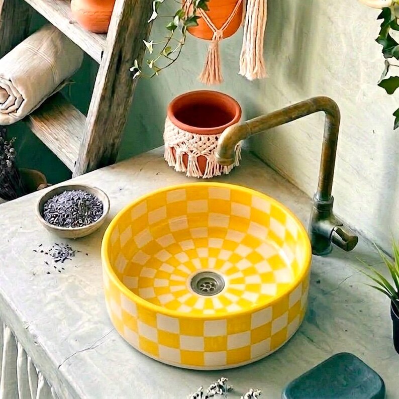 Terracotta Checkered Ceramic Vessel Sink, Handmade Orange Bathroom Basin, Boho Moroccan Vanity Bowl, Rustic Decor, FREE Global Shipping image 11