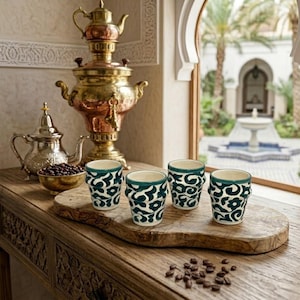 Handmade Moroccan Ceramic Cup – Traditional Green Floral Design – Artisan Pottery for Tea or Coffee – Vintage Inspired Decor