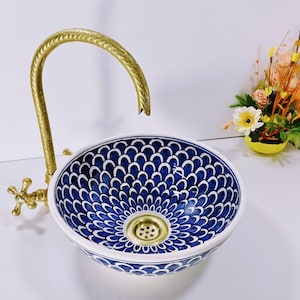 Handmade Moroccan Ceramic Vessel Sink - Blue and White Hand-Painted Bathroom Basin Countertop Round Washbasin - Unique Artisan Pottery Sink