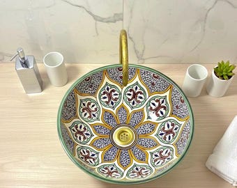 Moroccan Ceramic Sink – Hand-Painted Wash Basin – Zellige Style Bathroom Vessel – Traditional Handmade Vanity Bowl – Oriental Art Decor