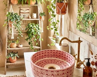 Handmade Pink Ceramic Vessel Sink, Heart Pattern Round Bathroom Basin, Moroccan Pottery Countertop Washbasin, Hand Painted Vanity Art Basin