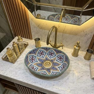 Handmade Moroccan Ceramic Sink - Oval Painted Vessel Basin for Bathroom - Colorful Talavera Style Vanity Sink - Fes Pottery Art Handcrafted