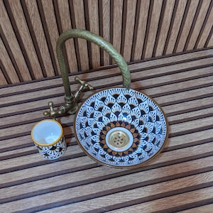 Handmade Moroccan Ceramic Vessel Sink, Brown and Black Peacock Pattern Bathroom Washbasin, Handpainted ceramic Countertop Basin