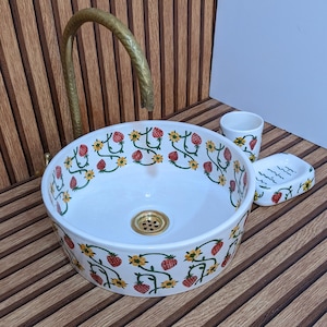Handmade Moroccan Ceramic Vessel Sink, Handpainted Strawberry Pattern Bathroom Washbasin, Round ceramic Countertop Sink