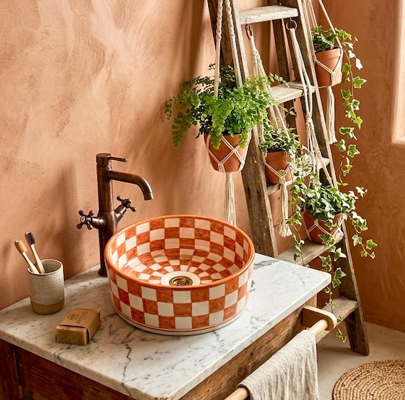 Terracotta Checkered Ceramic Vessel Sink, Handmade Orange Bathroom Basin, Boho Moroccan Vanity Bowl, Rustic Decor, FREE Global  Shipping