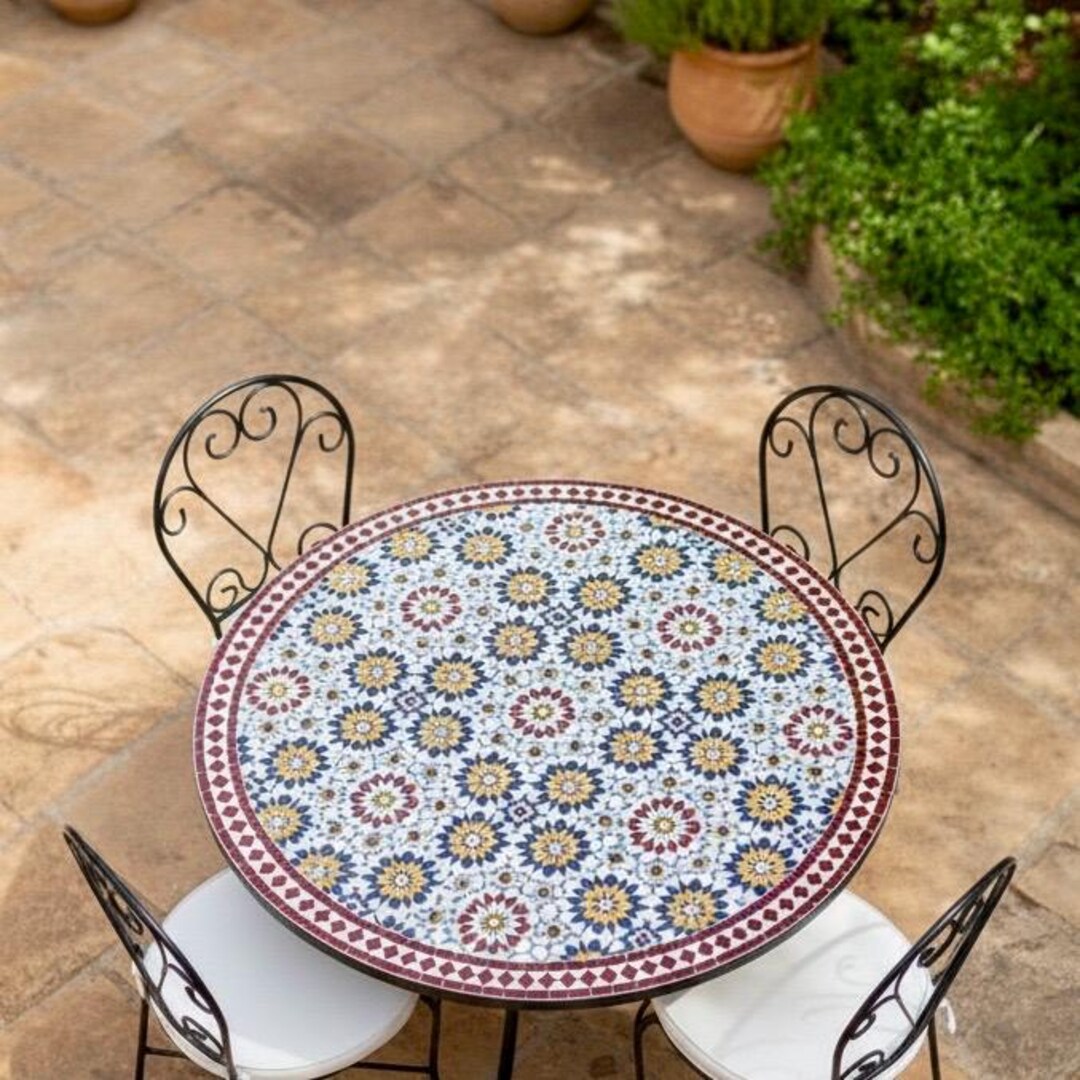 Multi Colored Tile Table Intricate Moroccan Zellige Table - Multicolored Floral Mosaic Patio ...