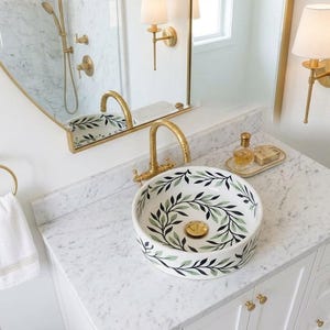 Handmade Ceramic Vessel Sink with Green Leaf Design - Modern Round Bathroom Basin - Hand Painted Countertop Washbasin - Unique Artisan Sink
