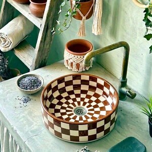 Terracotta Checkered Ceramic Vessel Sink, Handmade Orange Bathroom Basin, Boho Moroccan Vanity Bowl, Rustic Decor, FREE Global Shipping image 9