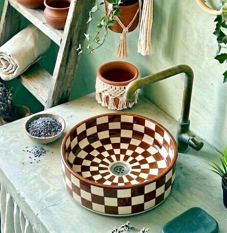 Terracotta Checkered Ceramic Vessel Sink, Handmade Orange Bathroom Basin, Boho Moroccan Vanity Bowl, Rustic Decor, FREE Global Shipping image 9