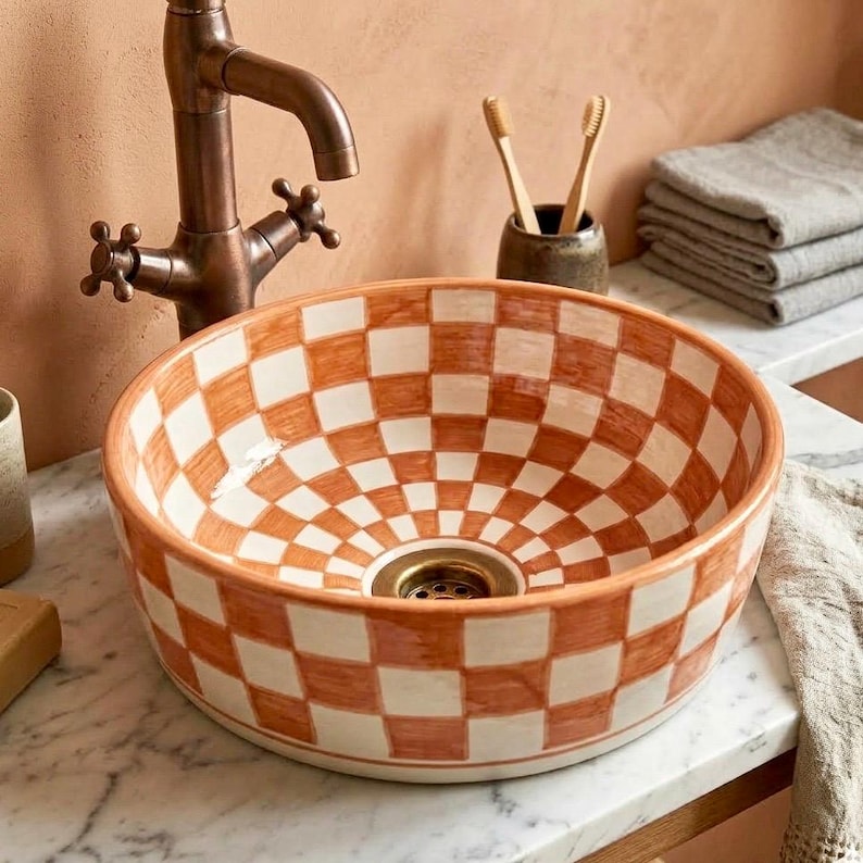 Terracotta Checkered Ceramic Vessel Sink, Handmade Orange Bathroom Basin, Boho Moroccan Vanity Bowl, Rustic Decor, FREE Global Shipping image 3