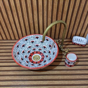 Handmade Moroccan Ceramic Vessel Sink - Round Bathroom red Basin, Countertop Boho Decor, Hand-painted Peacock Washbasin, Custom Vanity Sink