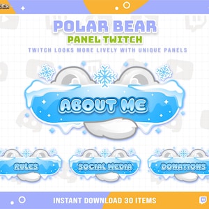 Può includere: Un set di 30 design di pannelli Twitch con tema orso polare. I pannelli sono blu e bianchi con fiocchi di neve e il testo "Informazioni su di me", "Regole", "Social Media" e "Donazioni".