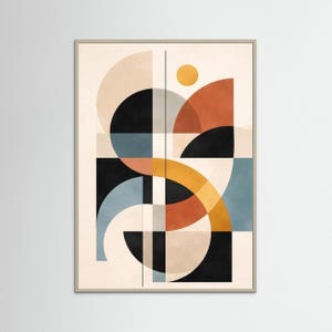 Könnte beinhalten: Abstrakter geometrischer Kunstdruck mit beigem Hintergrund, der schwarze, orangefarbene, gelbe und blaue Formen zeigt. Das Kunstwerk umfasst Kreise, Halbkreise und Quadrate, die in einem Rechteck gerahmt sind.
