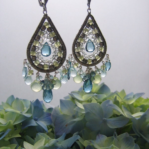 SALE - Take 50% off - Sterling wire wrapped London blue topaz, sapphire, prehnite, aquamarine gemstone chandelier earrings - HYDRANGEA