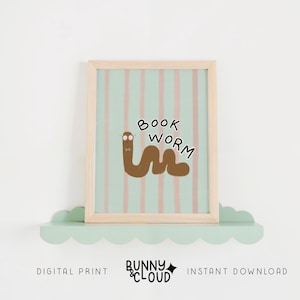Póster infantil con estampado de gusano de biblioteca, letrero para rincón de lectura, póster de libro, decoración de rincón de lectura en tonos pastel, decoración escandinava para aula, impresión Montessori para sala de juegos