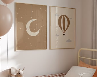 Hot Balloon Wall Prints Set of 2 Minimal Boho Kids Room Decor Sky Kids Room Wall Art Scandinavian Nursery Art Baby Shower Gift Digital Print