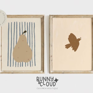 Juego de 2 piezas de arte de pared para guardería boho, decoración para habitación de niños, arte escandinavo, arte minimalista con forma de pájaro pera, regalo para baby shower con forma de pera, descarga digital